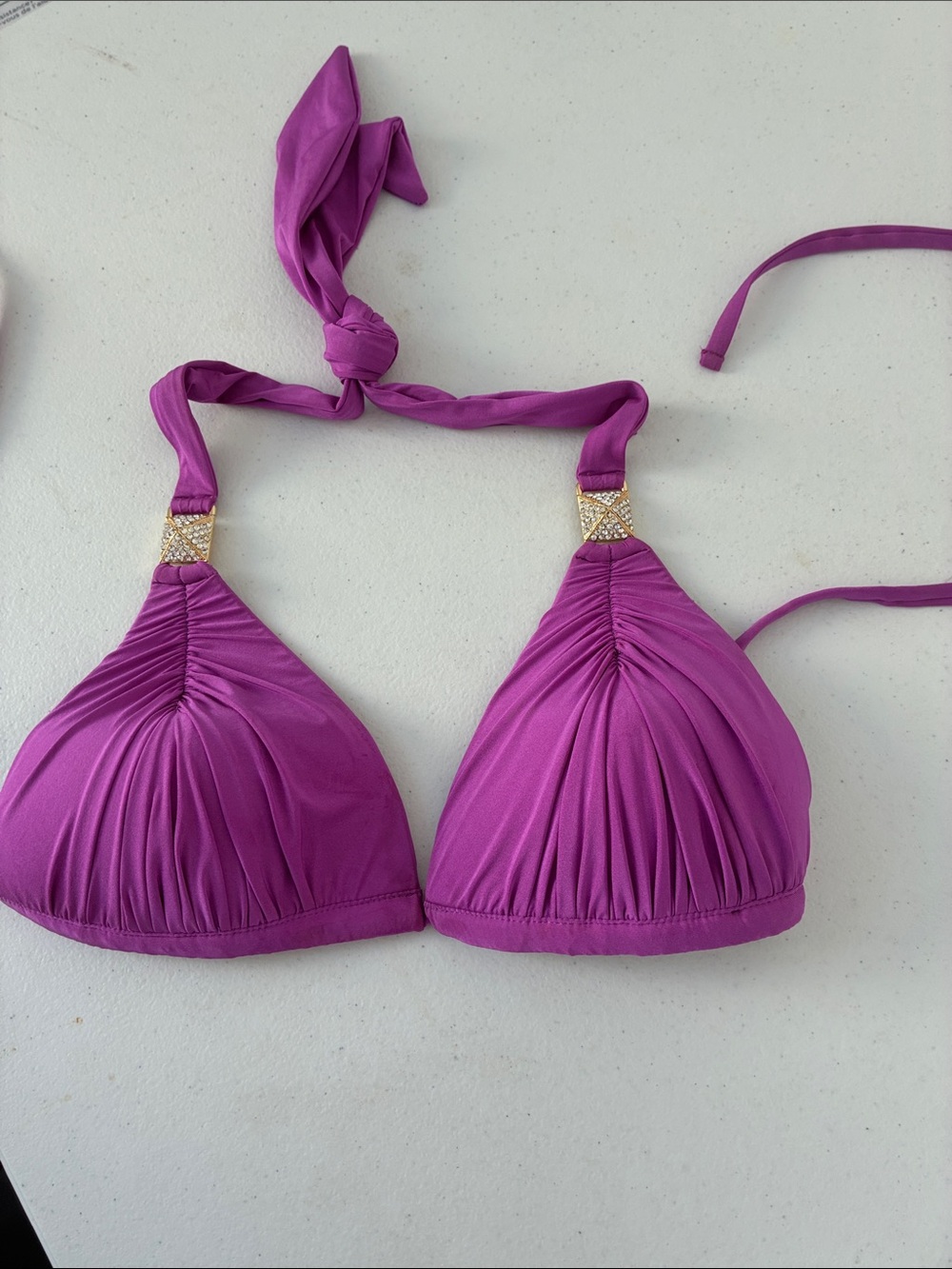 Women’s Purple Ruched Halter Bikini Top with Jewel Accents